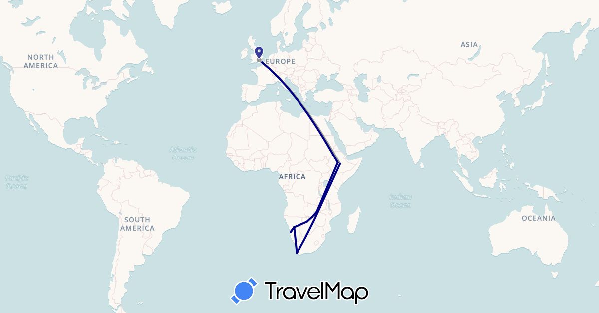 TravelMap itinerary: driving, plane in Botswana, Ethiopia, United Kingdom, Namibia, South Africa, Zambia, Zimbabwe (Africa, Europe)